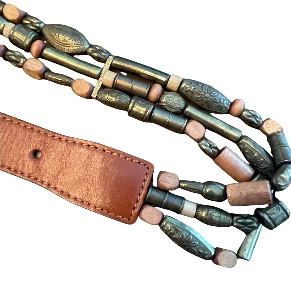 The Limited Beaded Belt Womens Large Brown Leather Vintage‎ Multicolor 30-34
